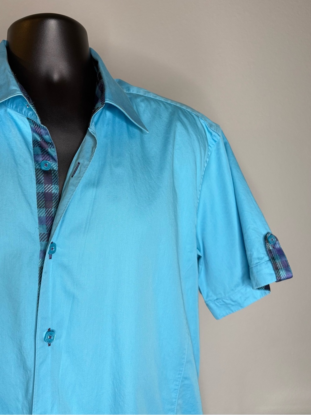 Stone Rose Aqua Blue SS button up Shirt + Navy Plaid Accents - Men’s 6 XXL 2XL